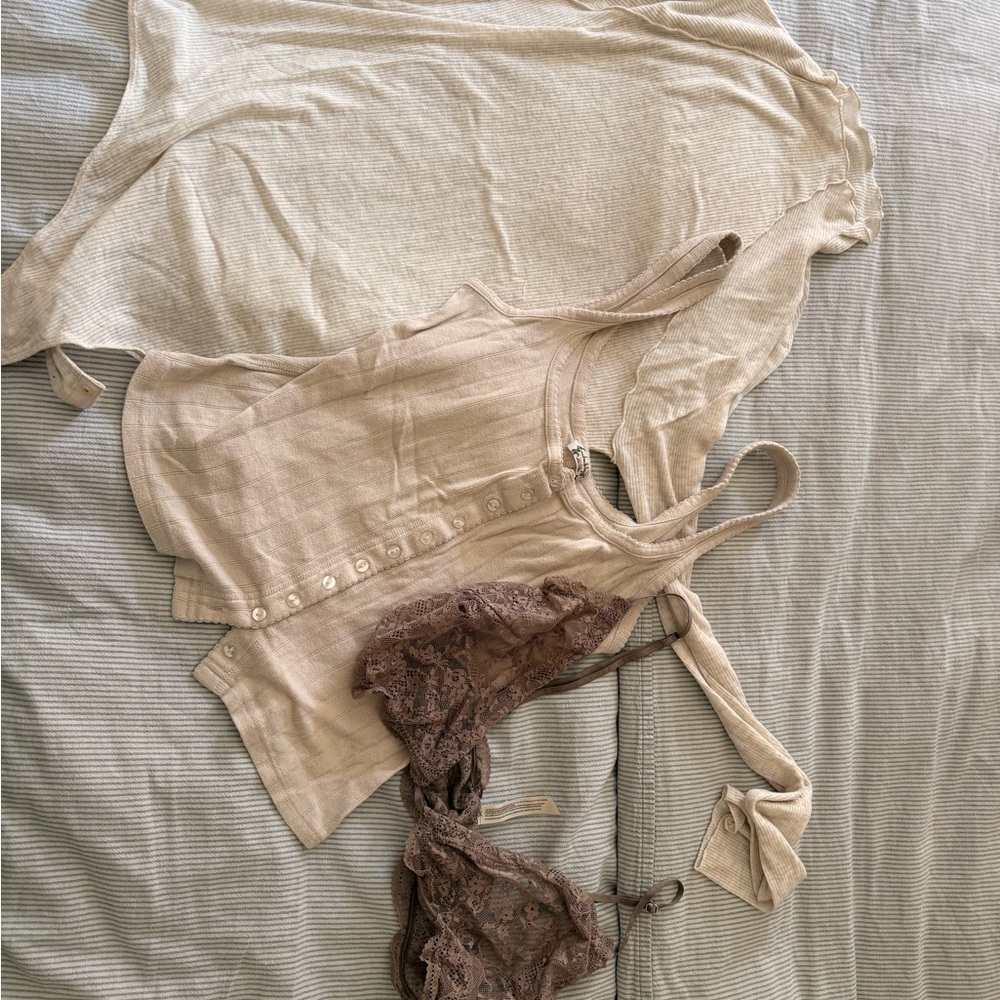 Free People Neutral Beige Tank Top and Lace Bralette Set